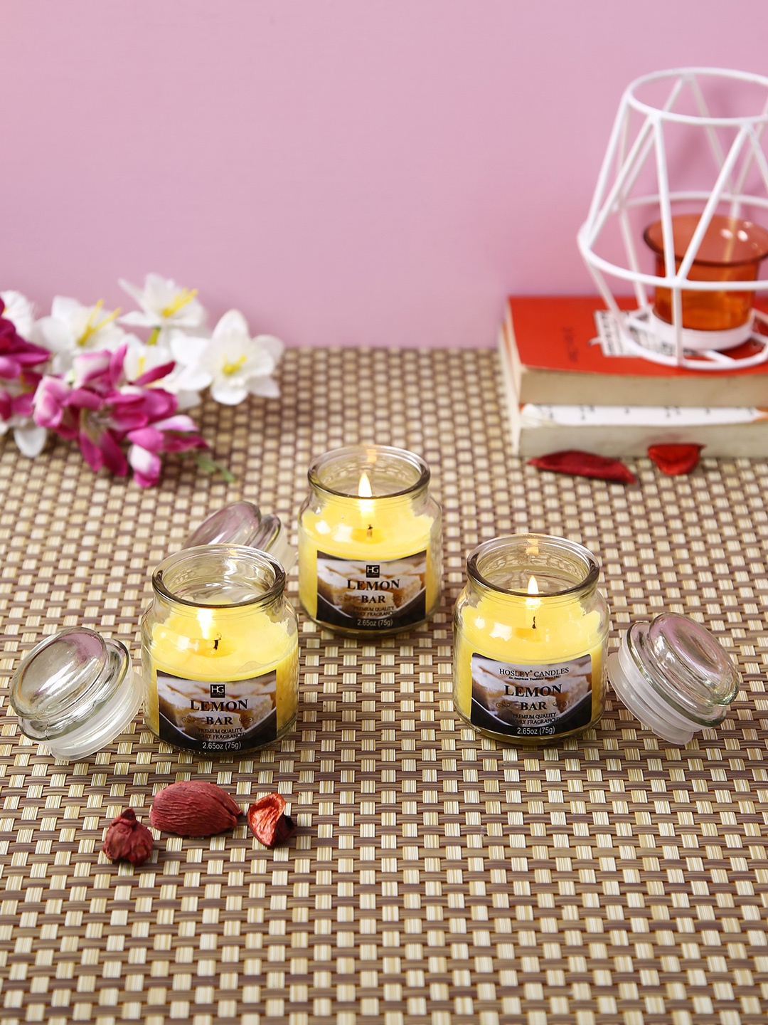 

HOSLEY Set of 3 Yellow Lemon Bar Fragranced Wax Jar Candles