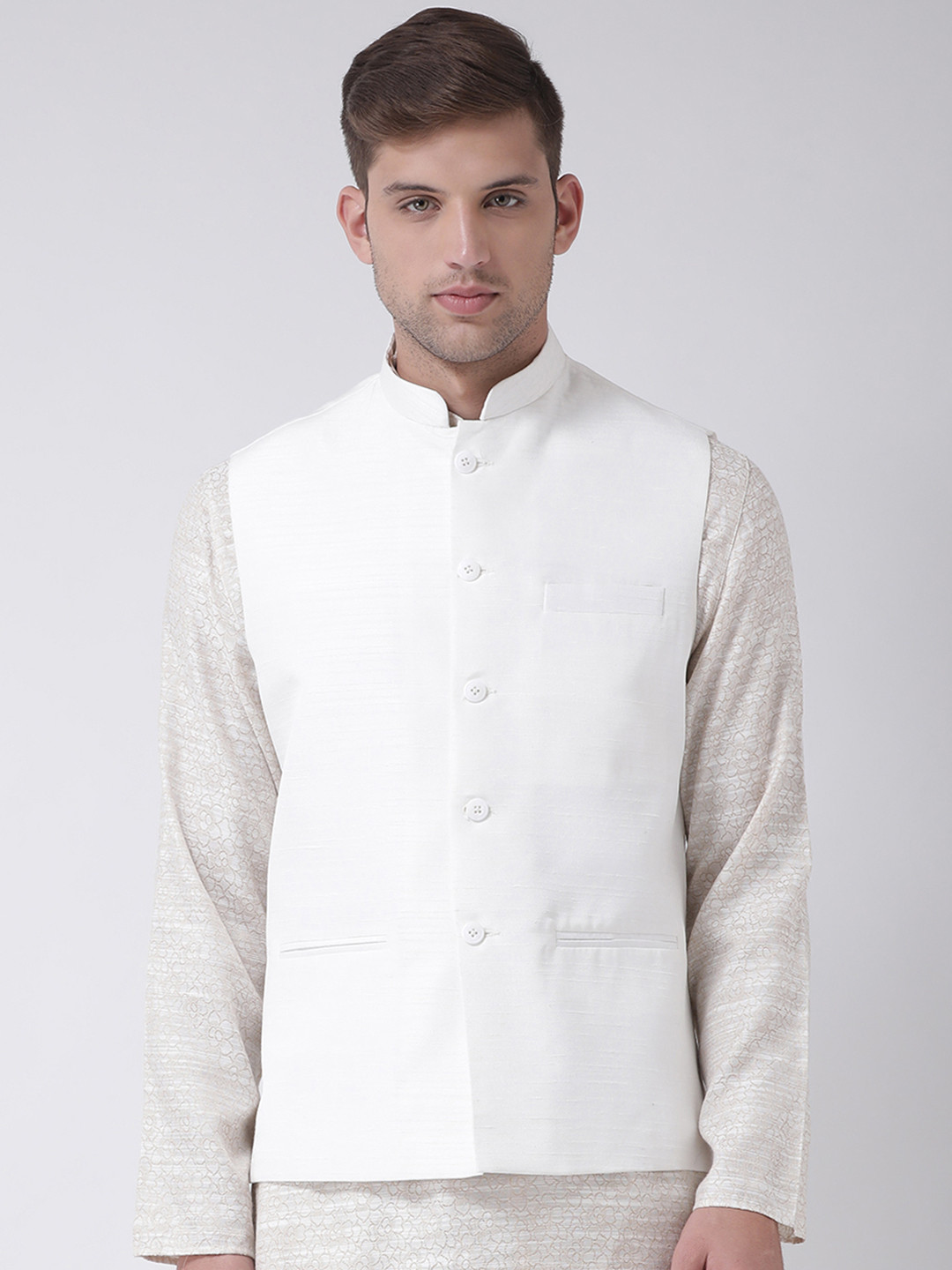 

TABARD Men White Solid Pure Silk Nehru Jacket