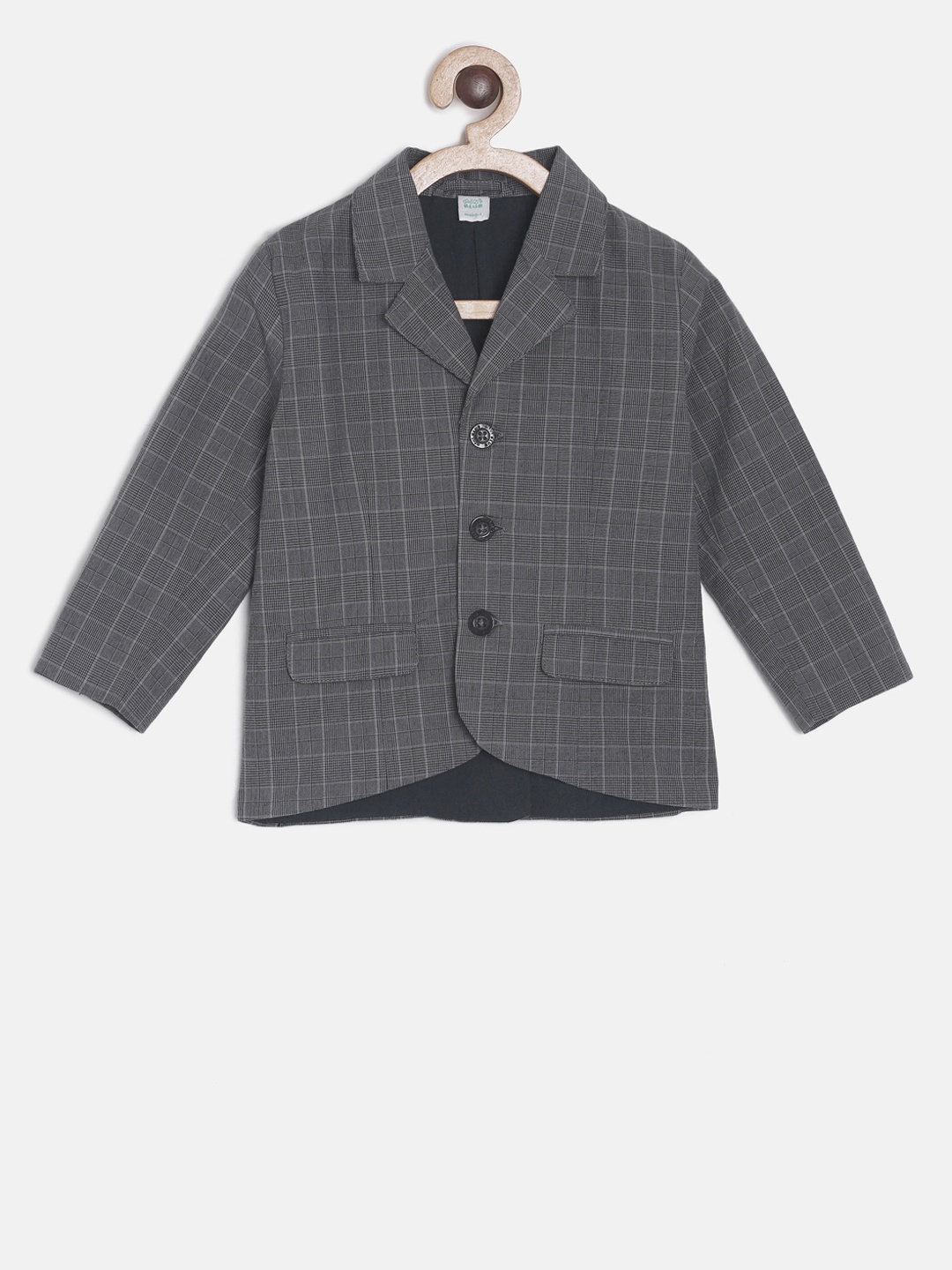 MINI KLUB Boys Grey Checked Pure Cotton Single-Breasted Pure Cotton Blazer