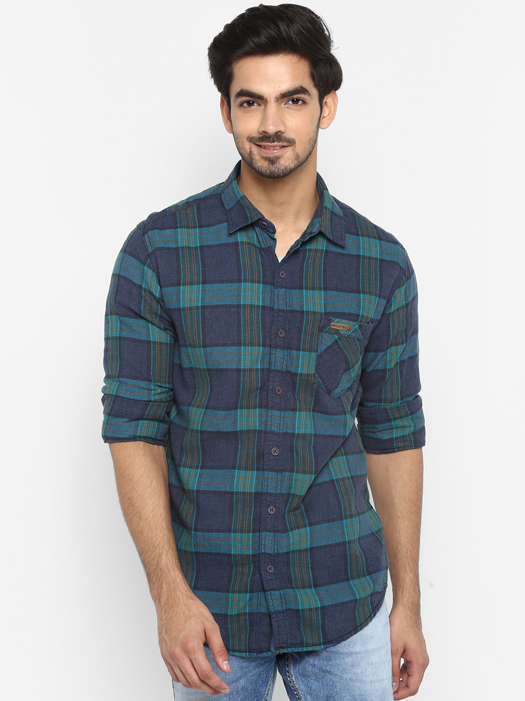 

Mufti Men Teal & Navy Blue Checked Slim Fit Casual Shirt