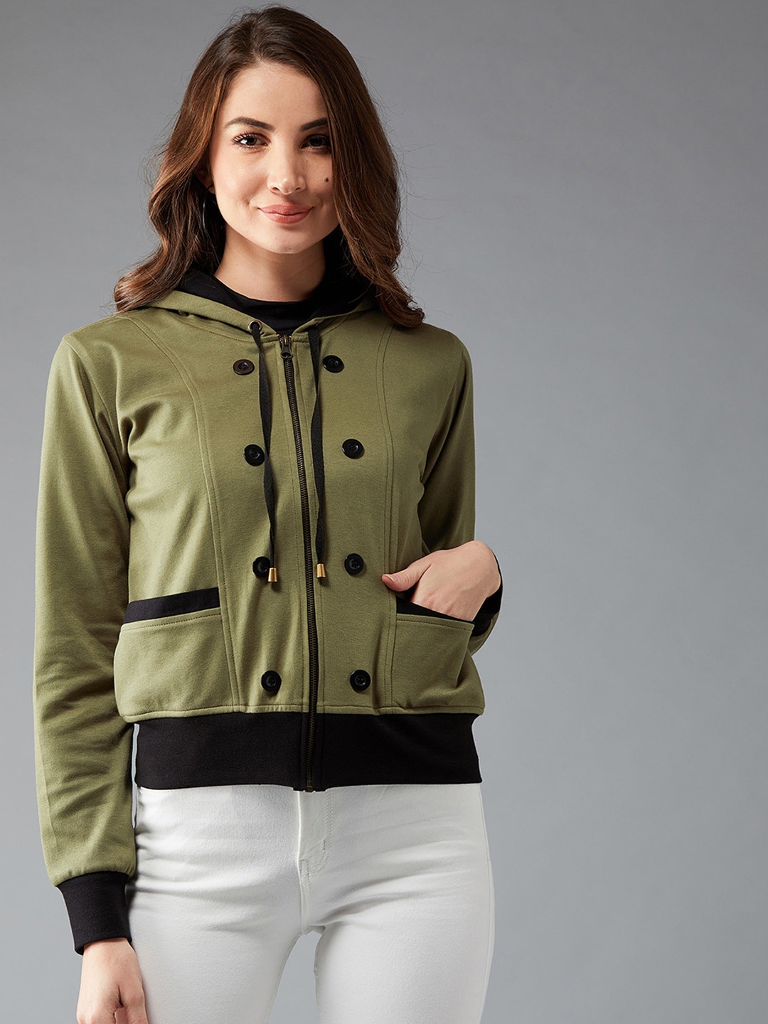 

DOLCE CRUDO Women Olive Green Colourblocked Hooded Jacket