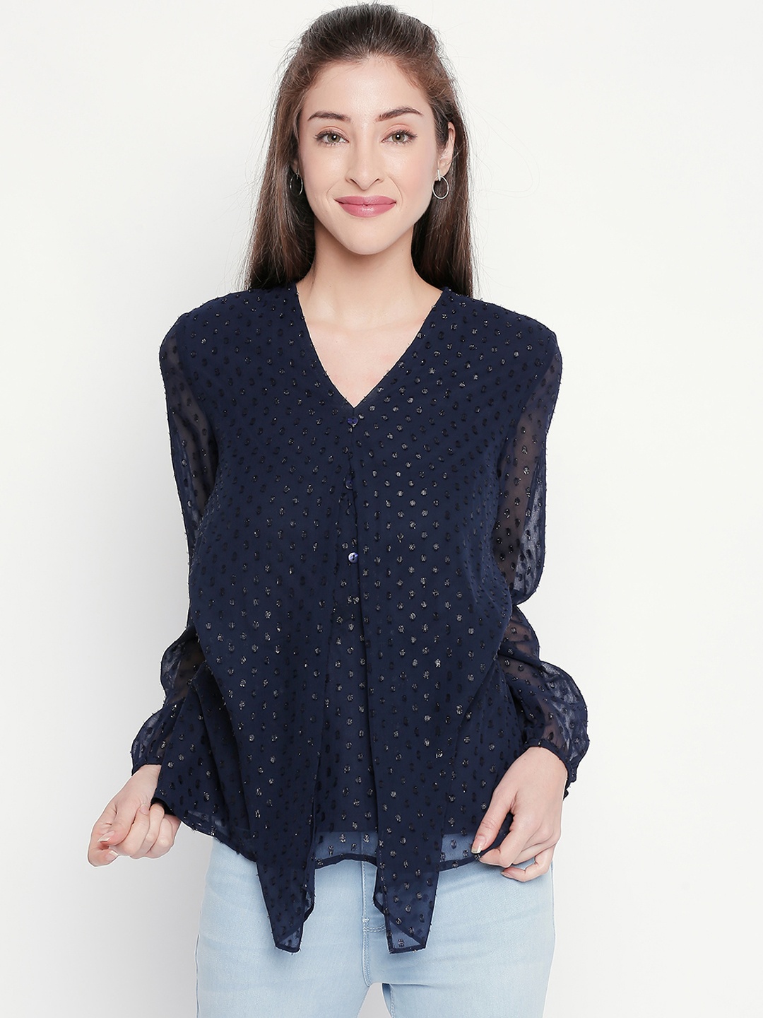 

Forever Glam by Pantaloons Women Navy Blue Self Design Top