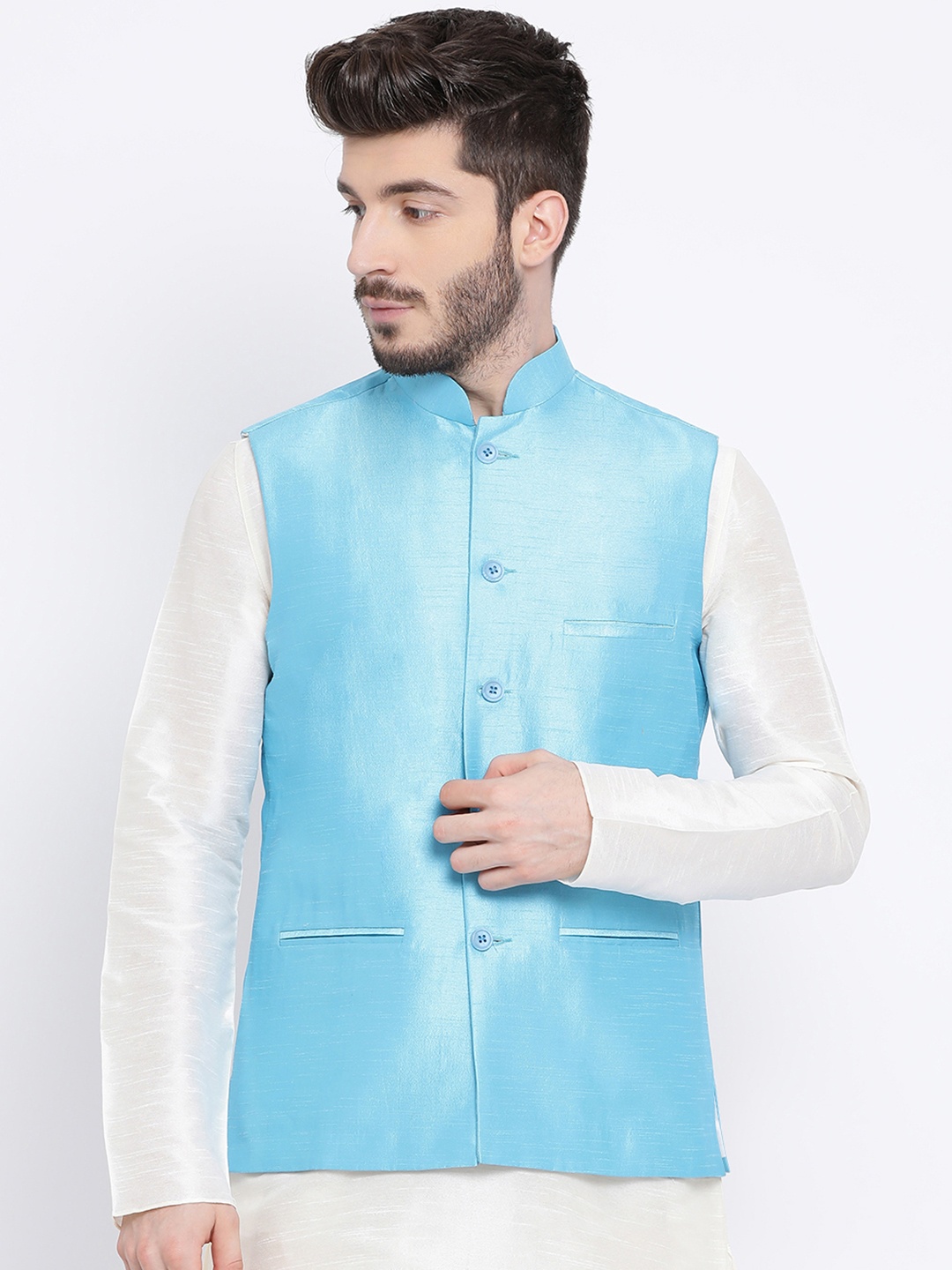 

Namaskar Men Blue Solid Woven Nehru Jacket