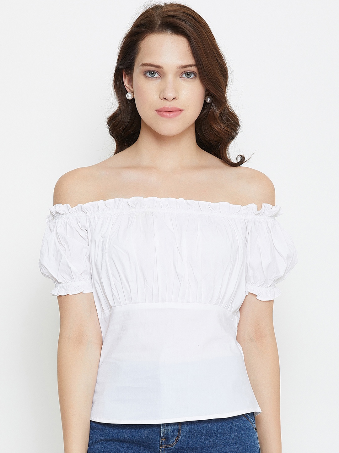 

Imfashini Women White Solid Bardot Top
