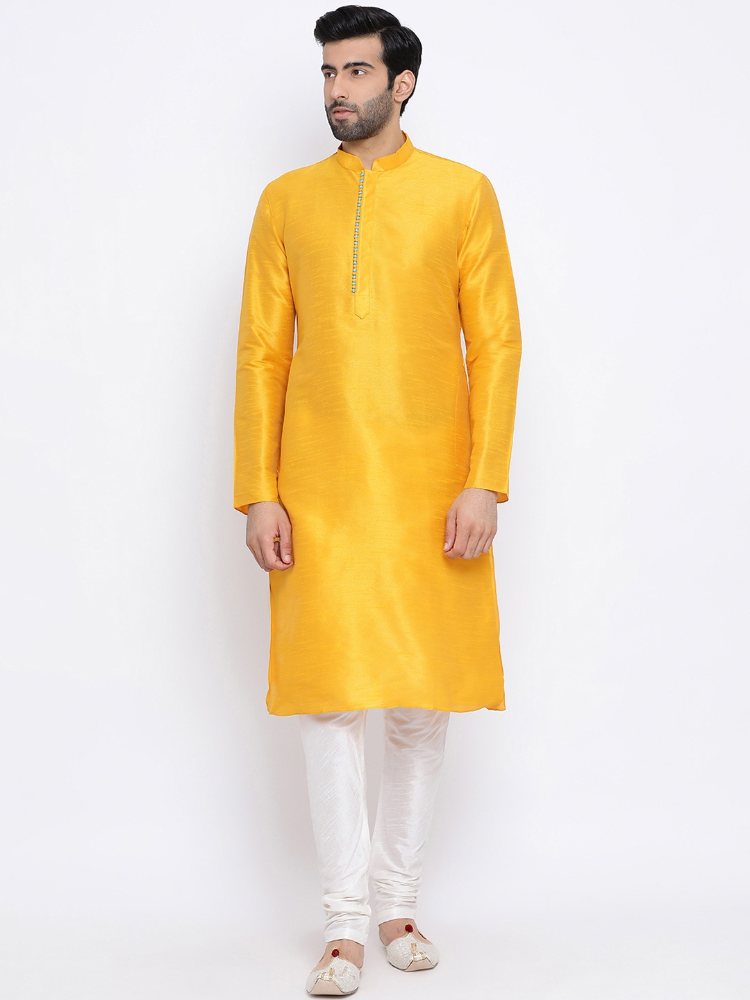 

NAMASKAR Men Yellow & Off-White Solid Dupion Silk Kurta with Churidar