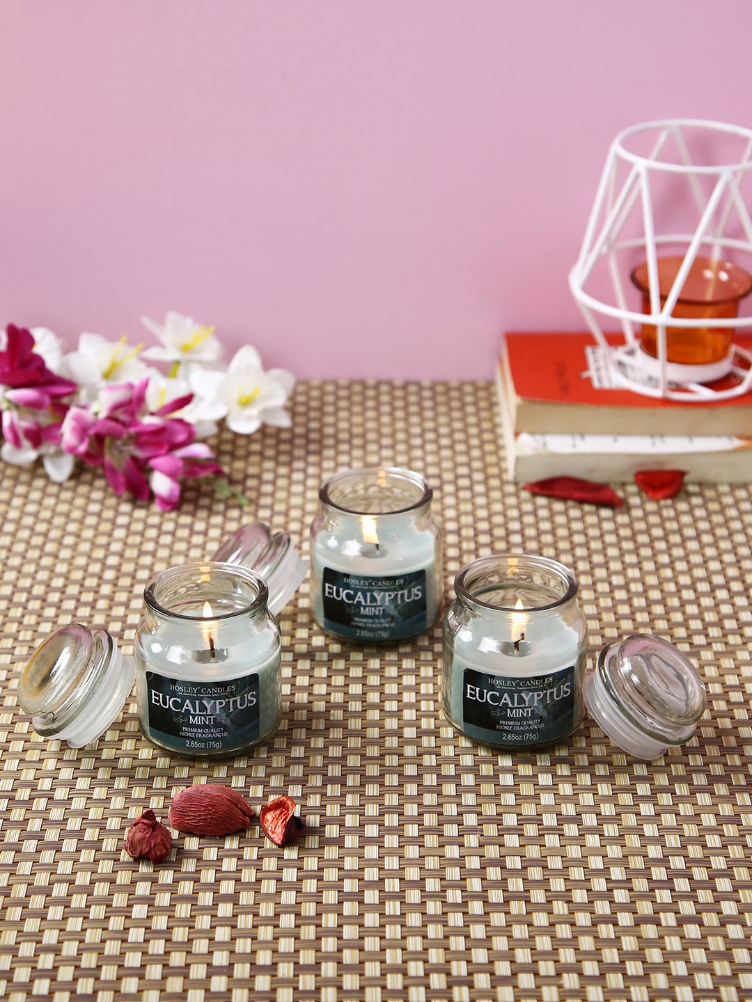 

HOSLEY Set of 3 Grey Eucalyptus Mint Fragranced 4inch Wax Jar Candles