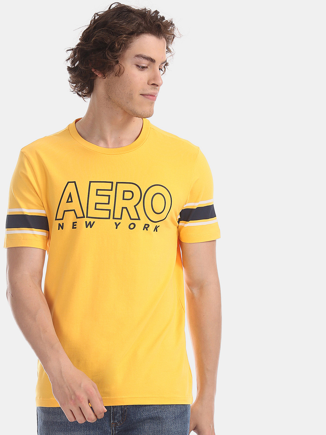 

Aeropostale Men Yellow Printed Round Neck Pure Cotton T-shirt