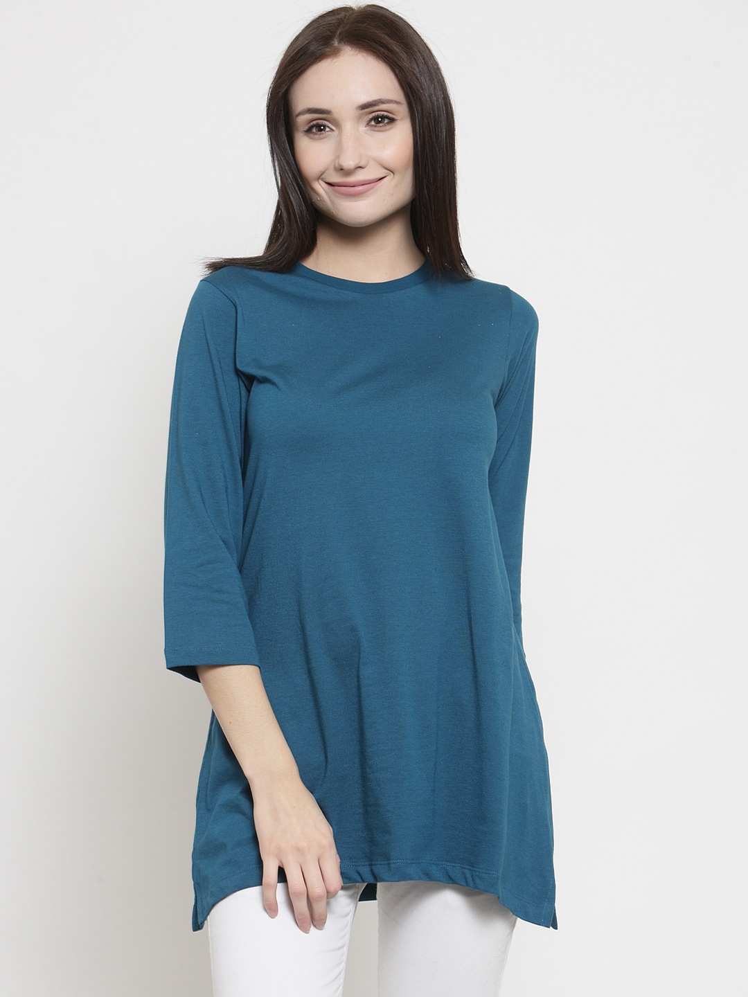 

Kalt Women Teal Blue Solid Round Neck Longline T-shirt