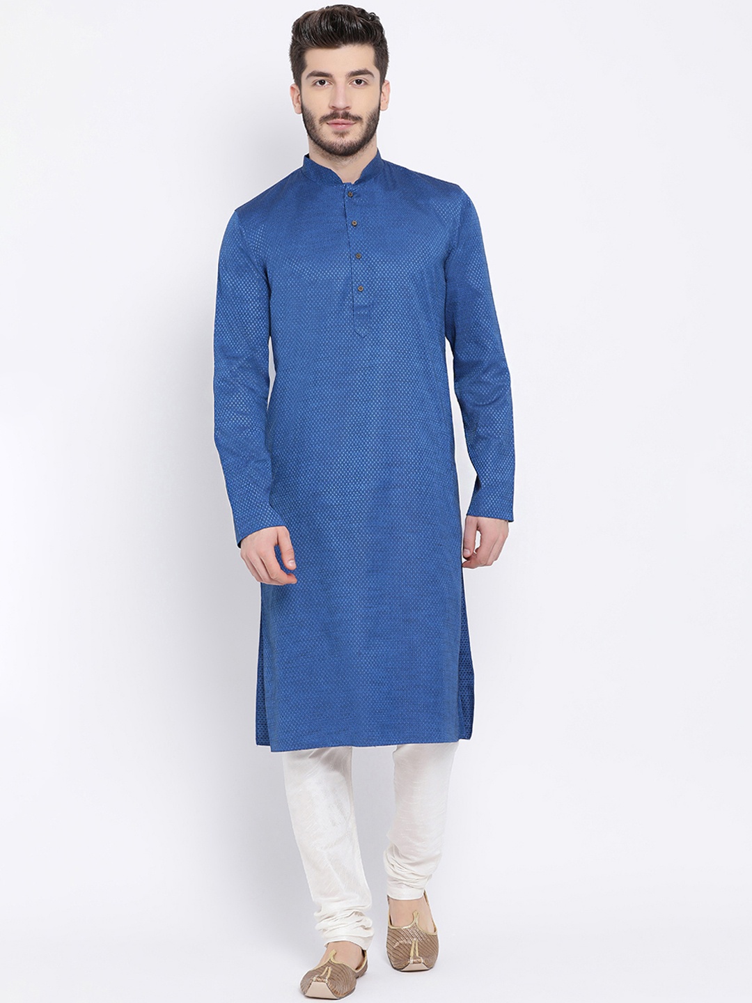 

NAMASKAR Men Blue & Off-White Self Design Kurta with Churidar