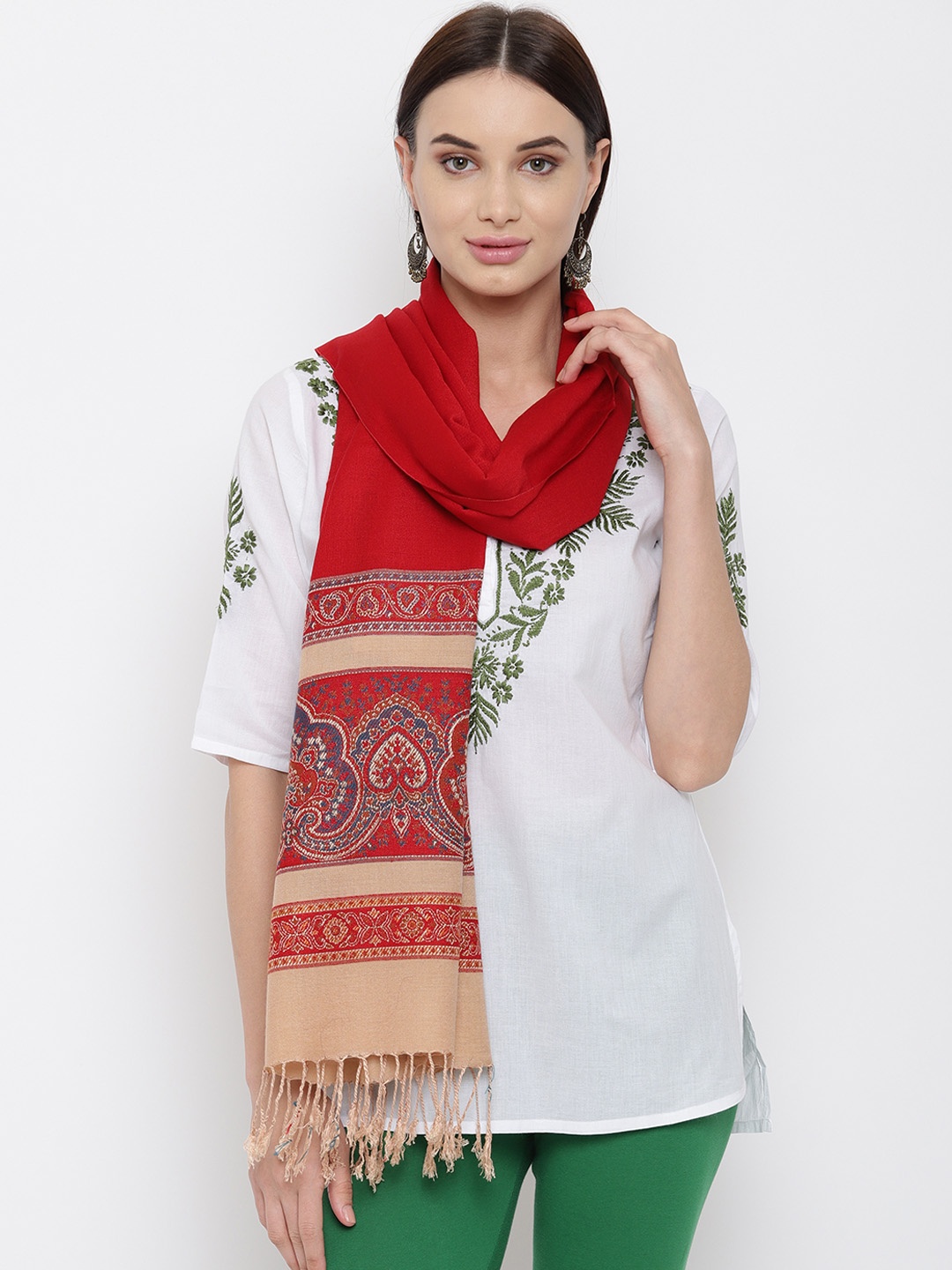 

HK colours of fashion Women Red Woven Design Stole