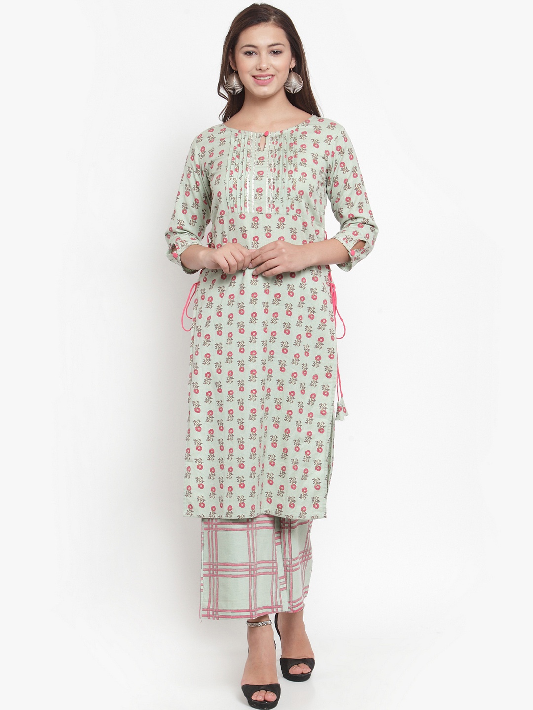 

Indibelle Women Sea Green & Pink Printed Kurta with Palazzos