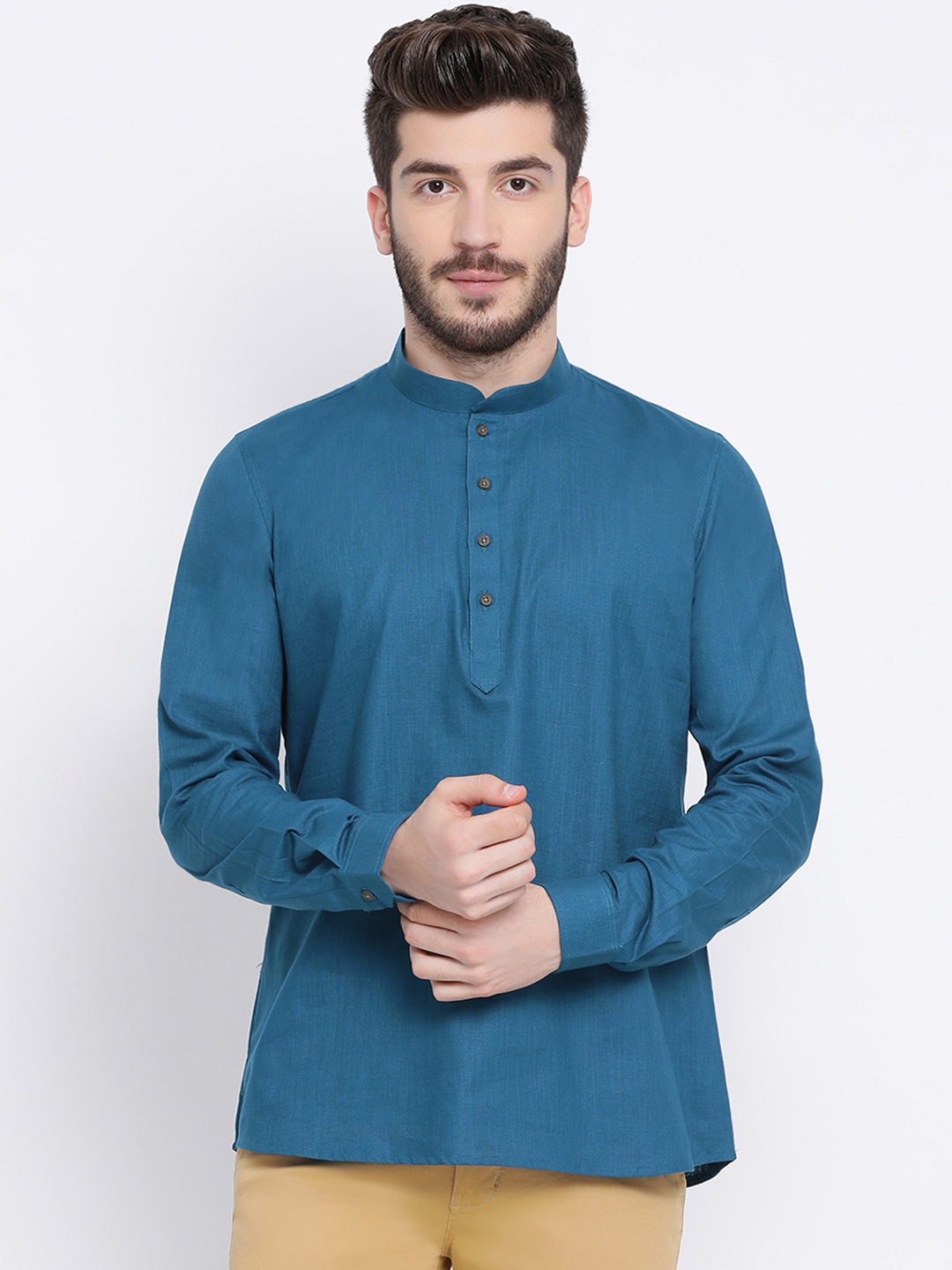 

NAMASKAR Men Blue Solid Straight Kurta