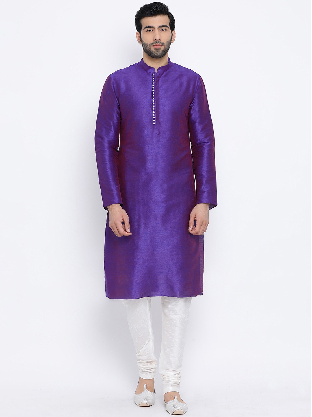 

NAMASKAR Men Purple & Off-White Solid Kurta with Churidar
