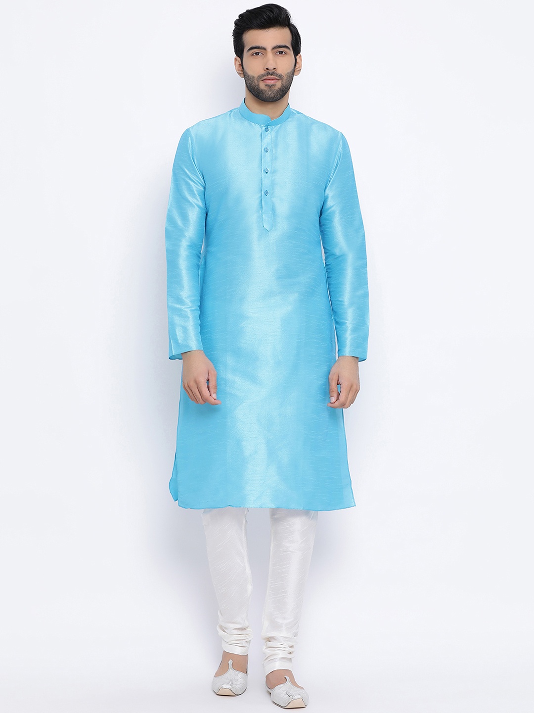 

NAMASKAR Men Blue & Off-White Solid Silk Kurta with Churidar