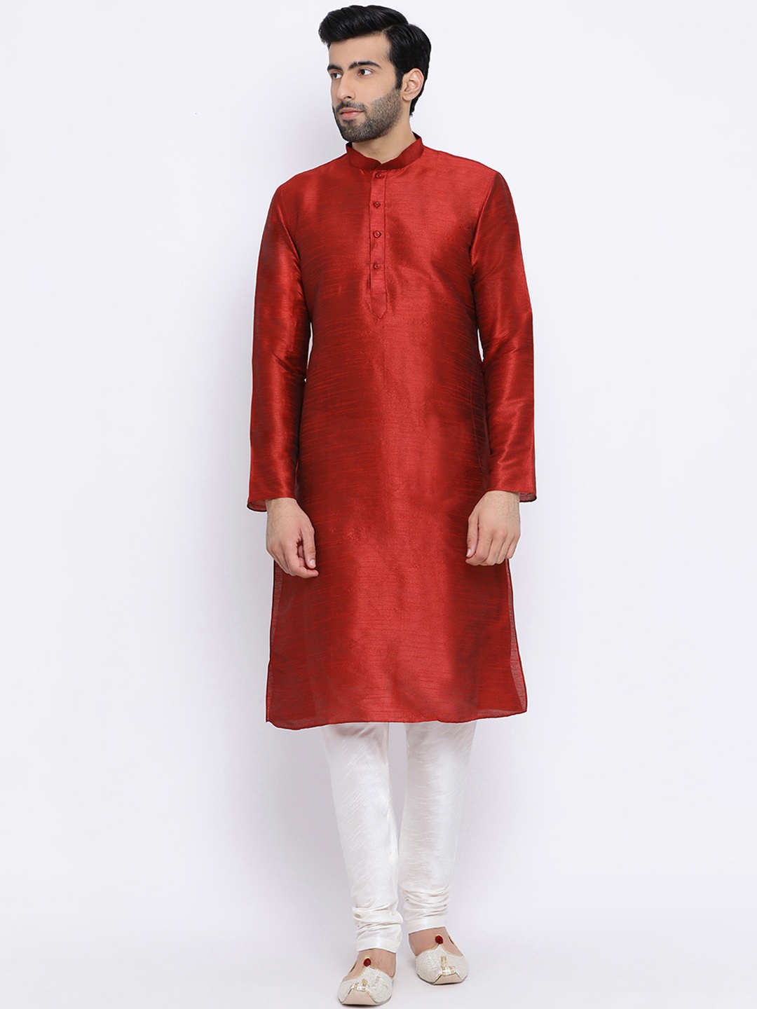 

NAMASKAR Men Maroon & White Solid Kurta with Churidar