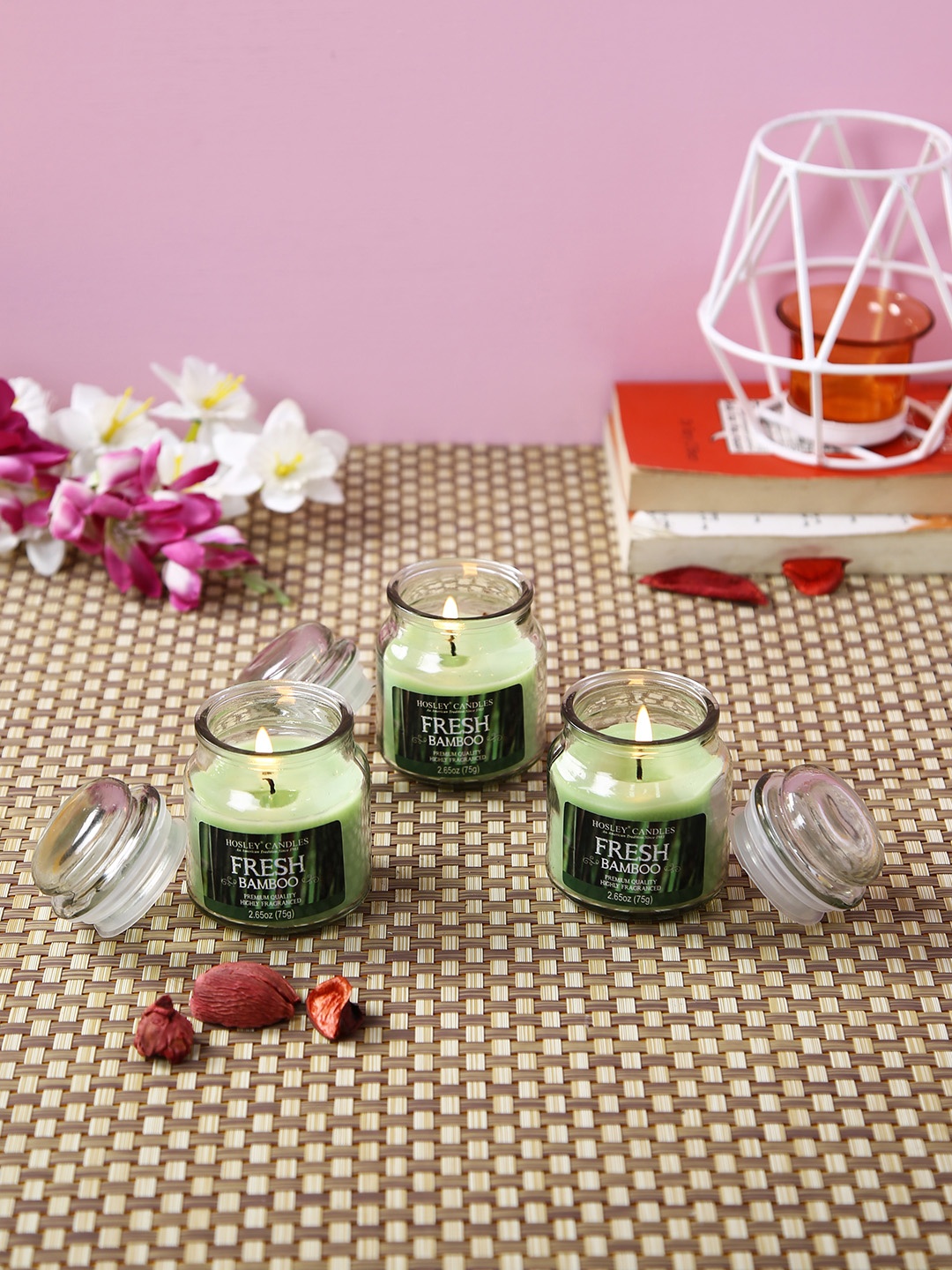 HOSLEY Set of 3 Green Fresh Bamboo Fragrance Jar Candles