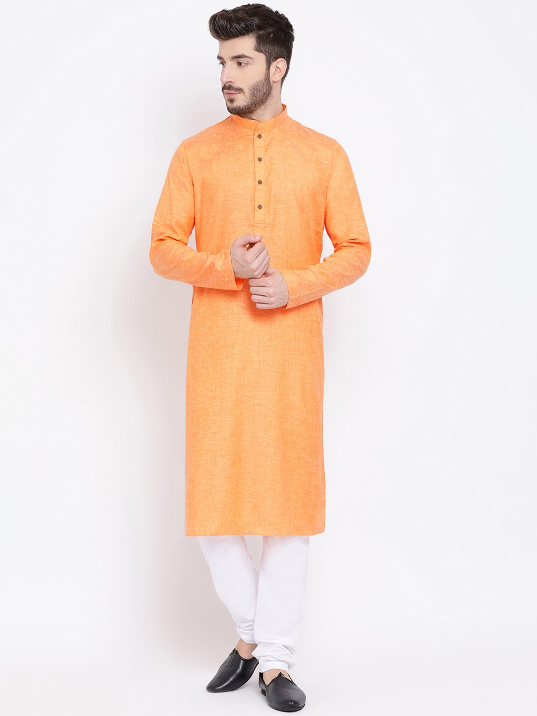 

NAMASKAR Men Orange & White Solid Kurta with Churidar