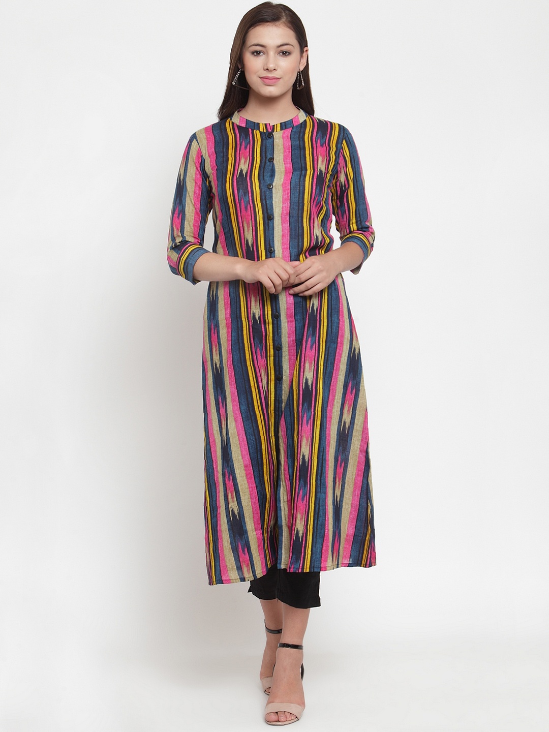 

Indibelle Women Multicoloured Ikat Striped Kurta with Trousers, Multi
