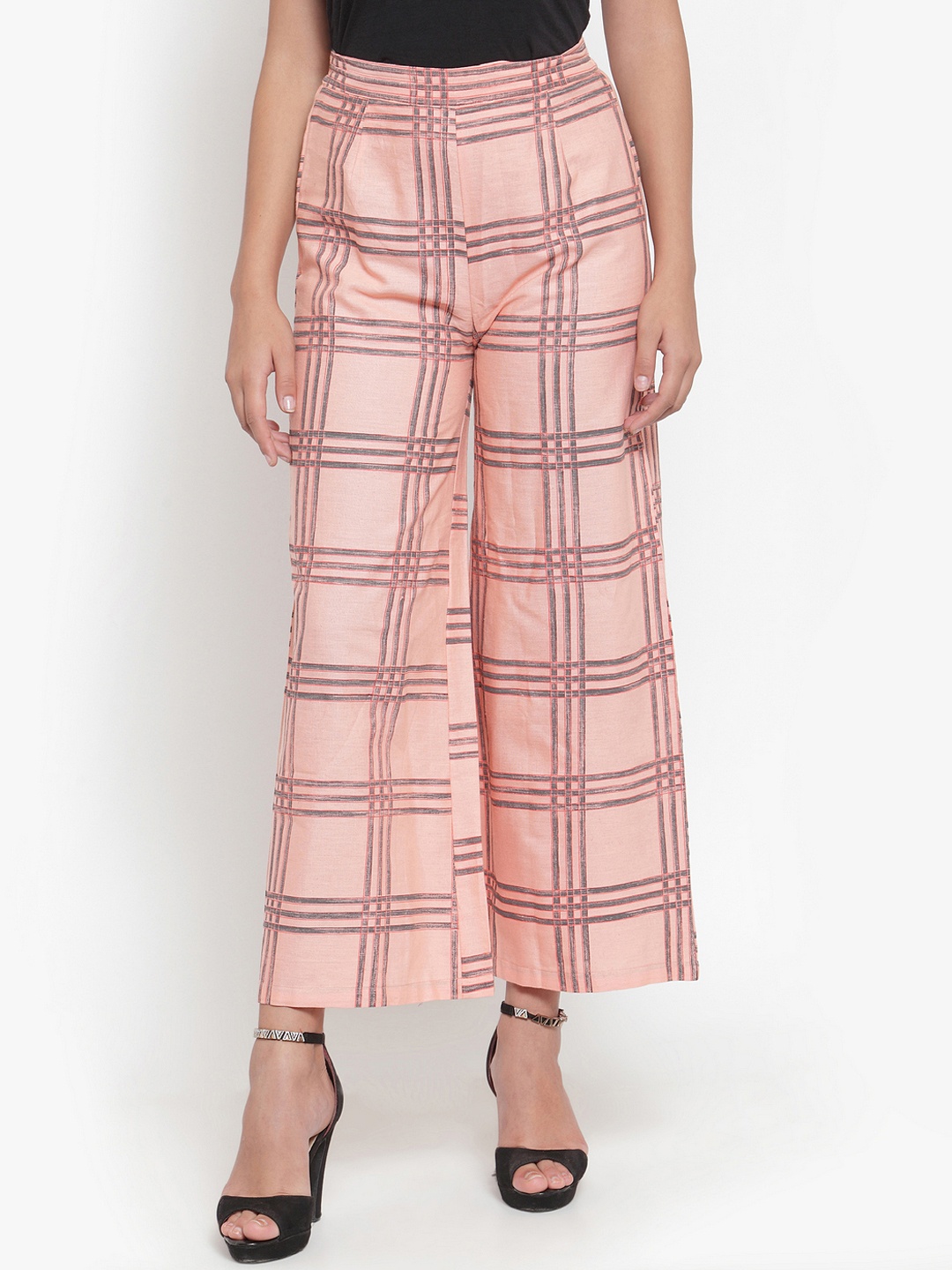 

Indibelle Women Peach-Coloured Checked Straight Palazzos