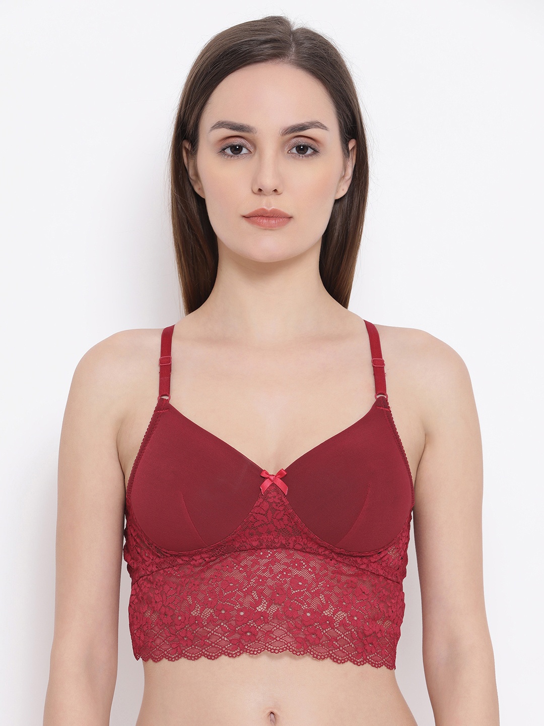 

Clovia Maroon Solid Lightly Padded Non-Wired Lace Bralette Bra BR1575P0432B