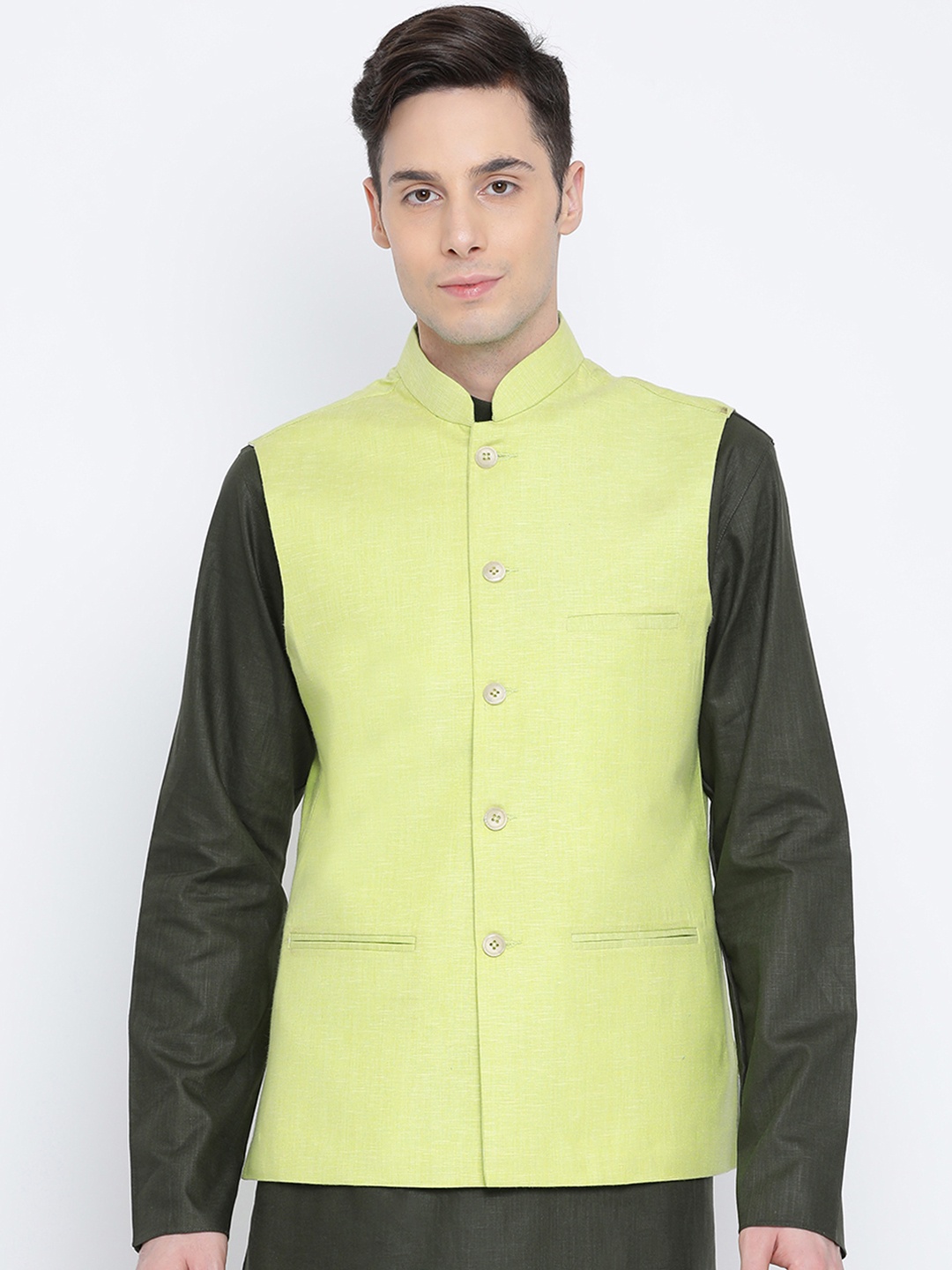 

Namaskar Men Green Solid Woven Pure Cotton Nehru Jacket