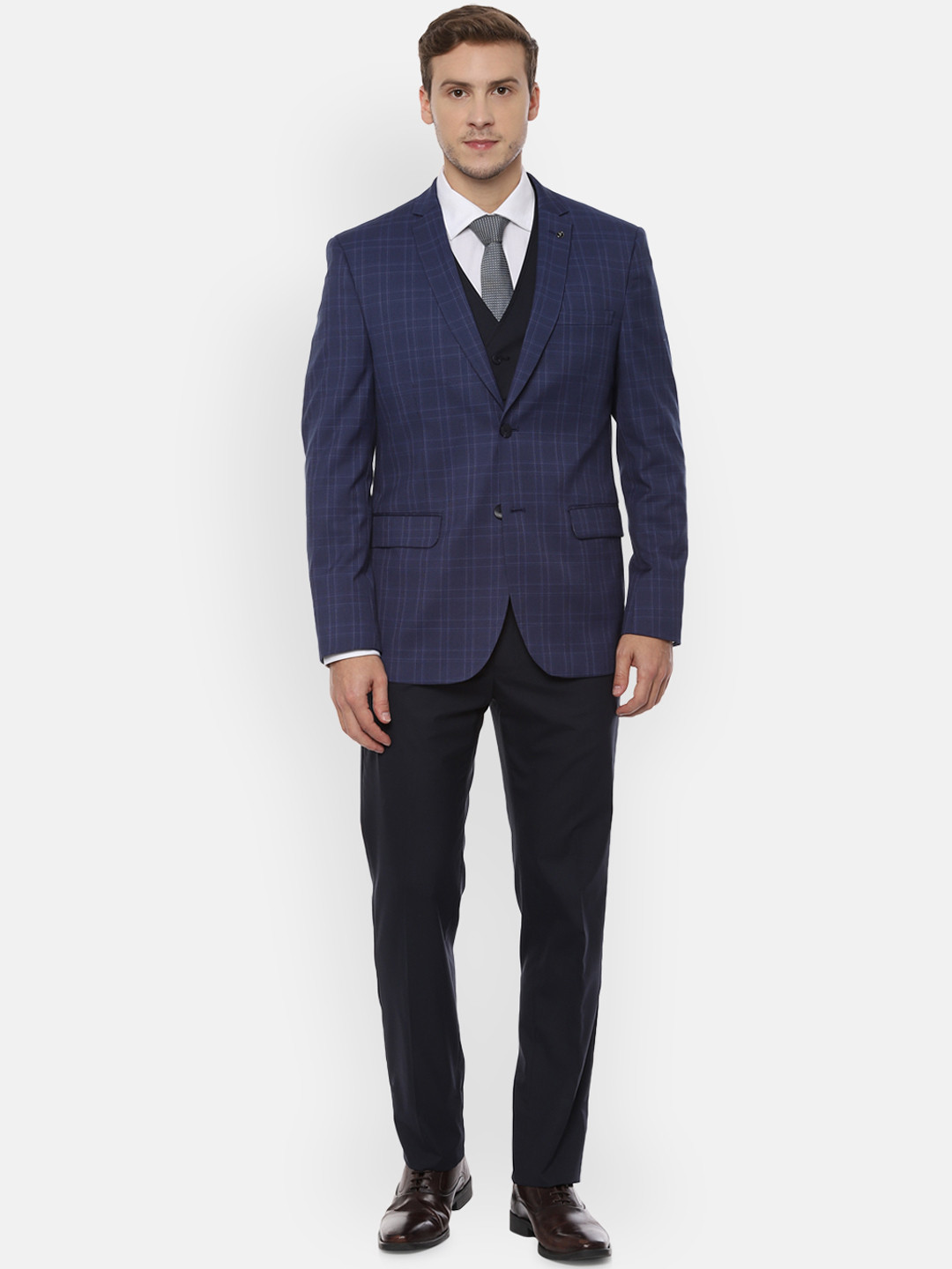

Van Heusen Men Blue & Black Checked Slim Fit Single-Breasted Two Piece Suit, Navy blue