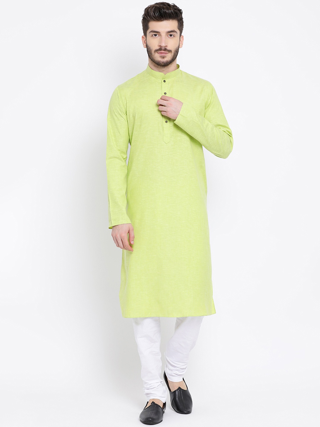 

NAMASKAR Men Lime Green Solid Cotton Straight Kurta
