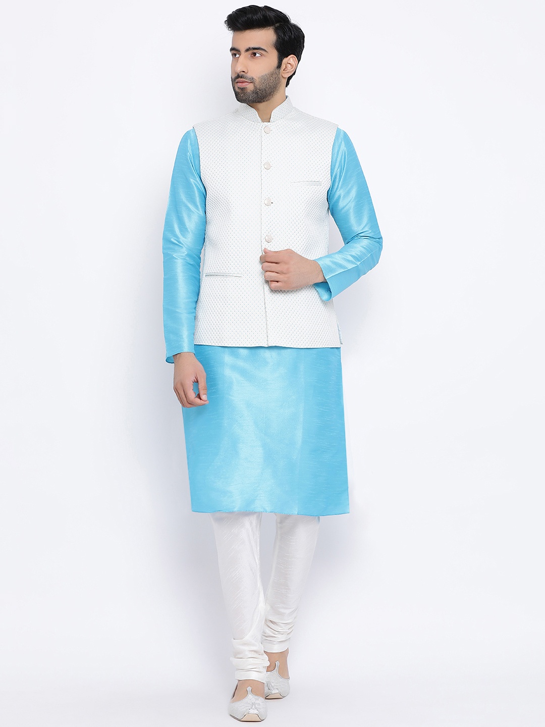 

NAMASKAR Men White & Blue Self Design Kurta with Churidar