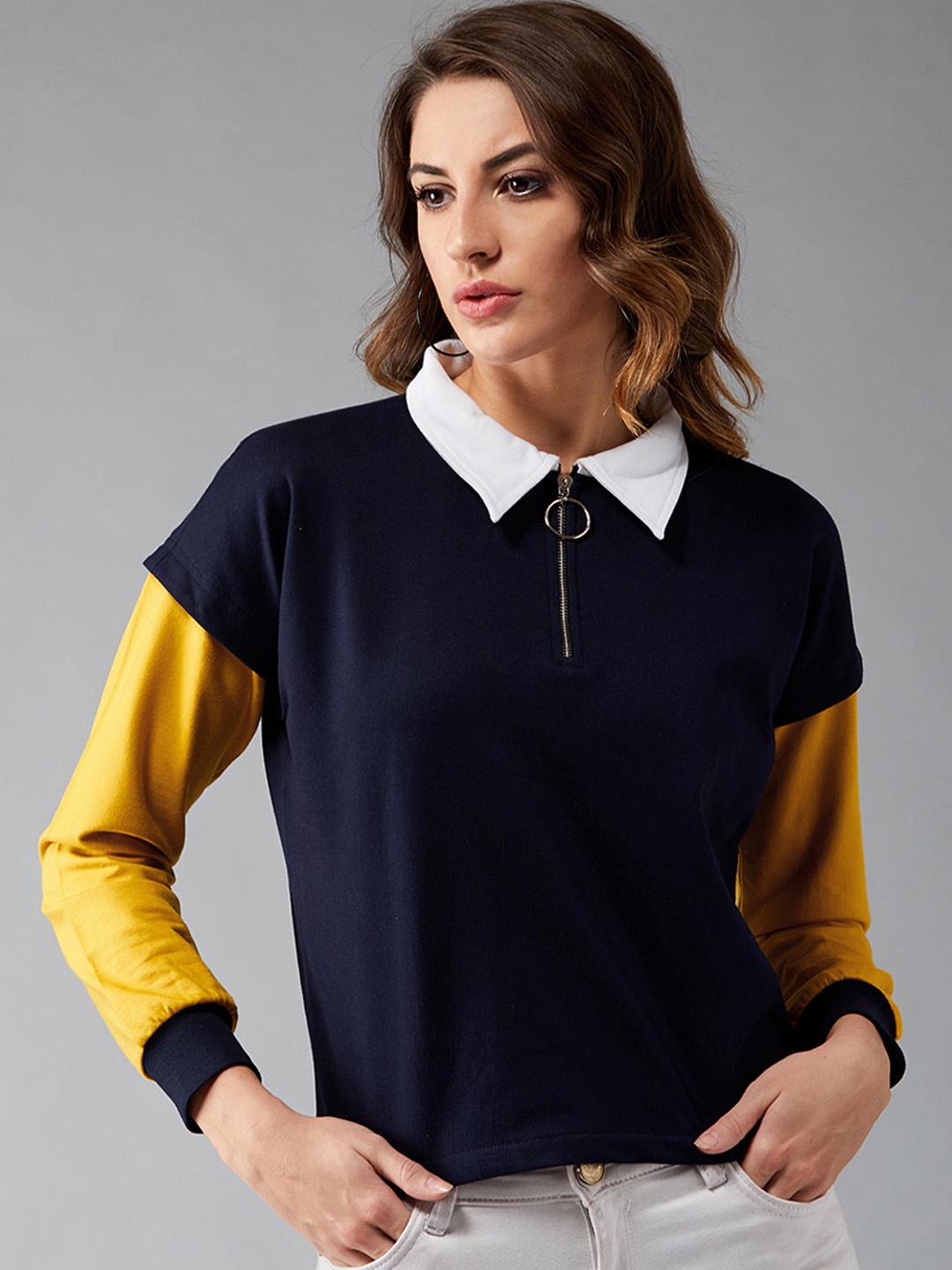 

DOLCE CRUDO Women Navy Blue & Yellow Solid Sweatshirt