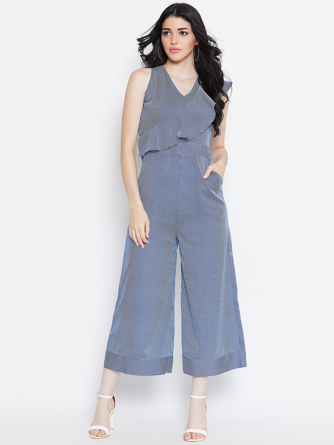 

THE SILHOUETTE STORE Women Blue & White Striped Culotte Jumpsuit