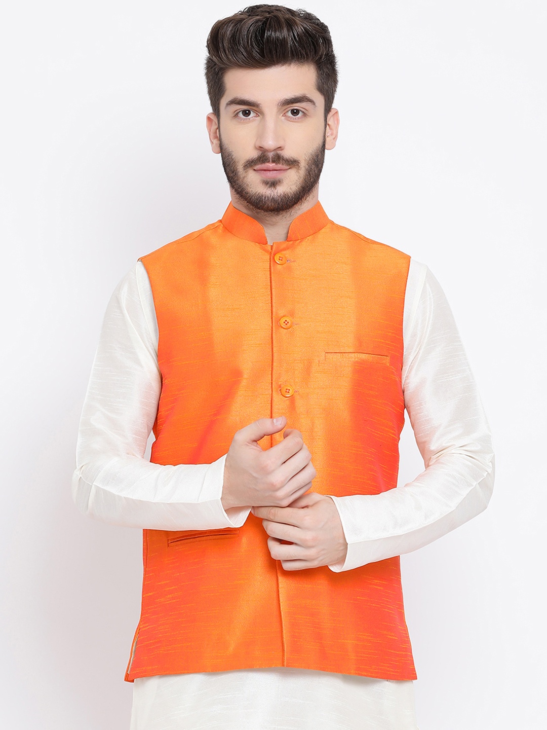 

Namaskar Men Orange Solid Woven Nehru Jacket