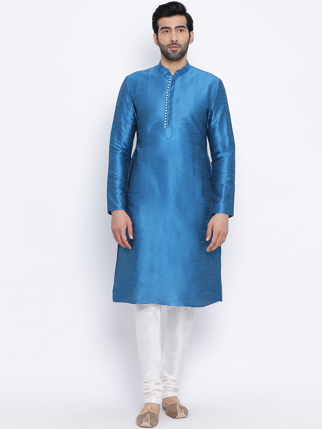 NAMASKAR Men Blue Solid Straight Kurta