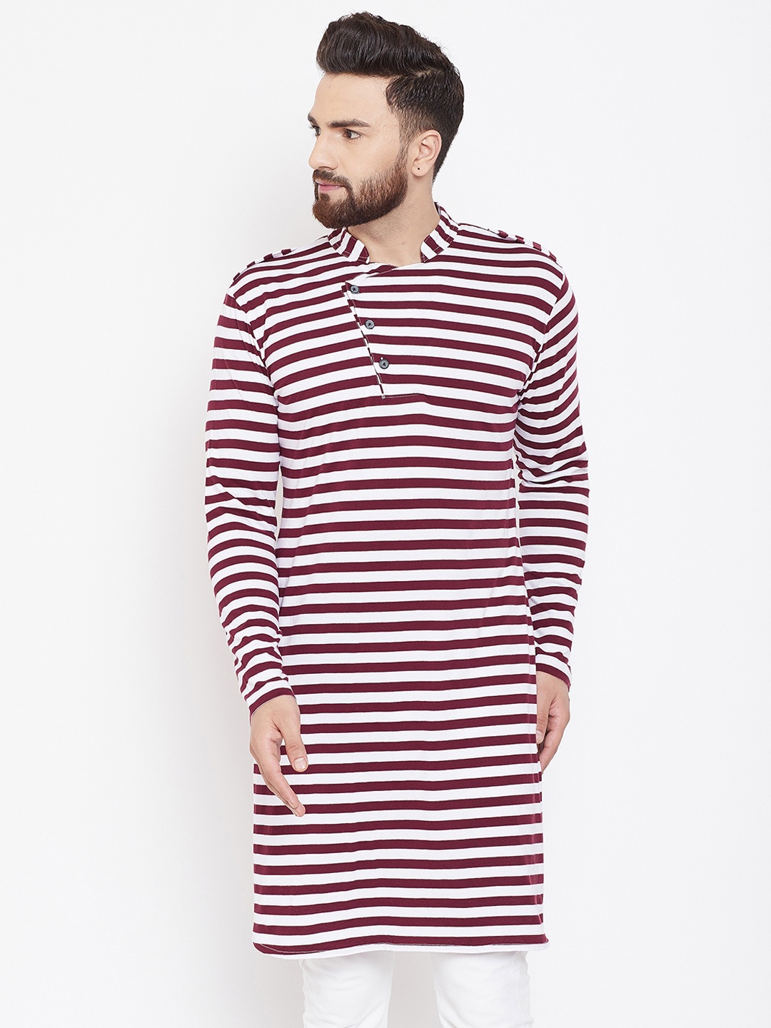 

CHILL WINSTON Men Maroon & White Striped Straight Kurta