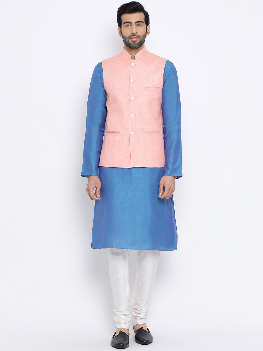 

NAMASKAR Men Blue & White Solid Kurta with Churidar