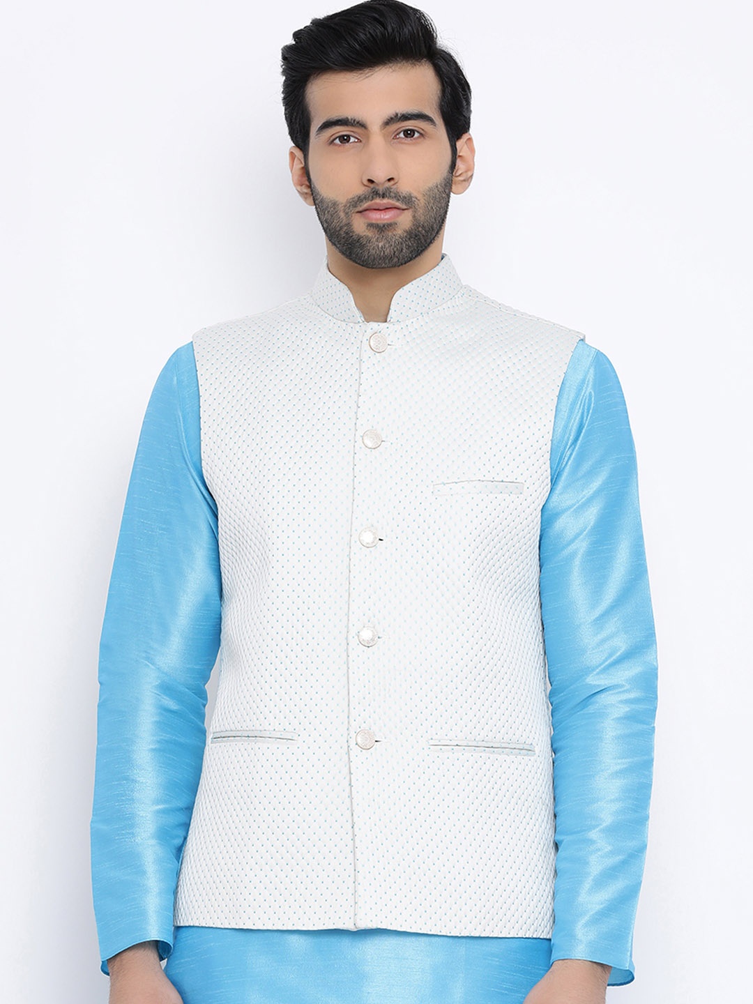 Namaskar Men White & Blue Printed Woven Nehru Jacket