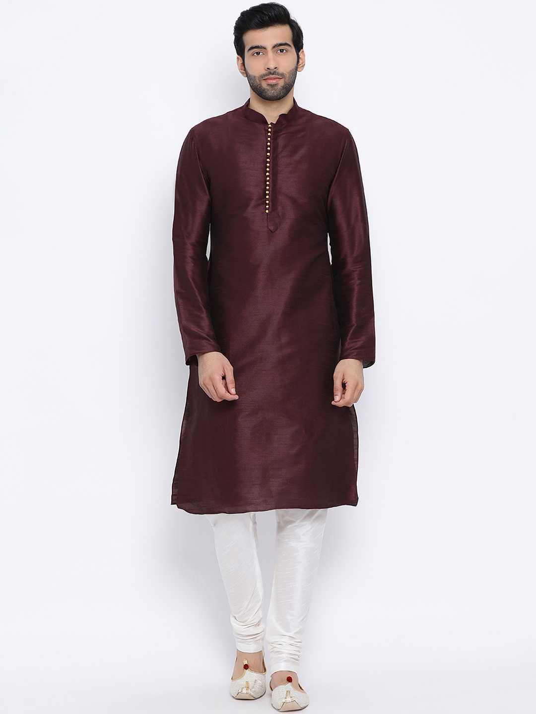 NAMASKAR Men Brown & Off-White Dupion Silk Solid Kurta with Churidar