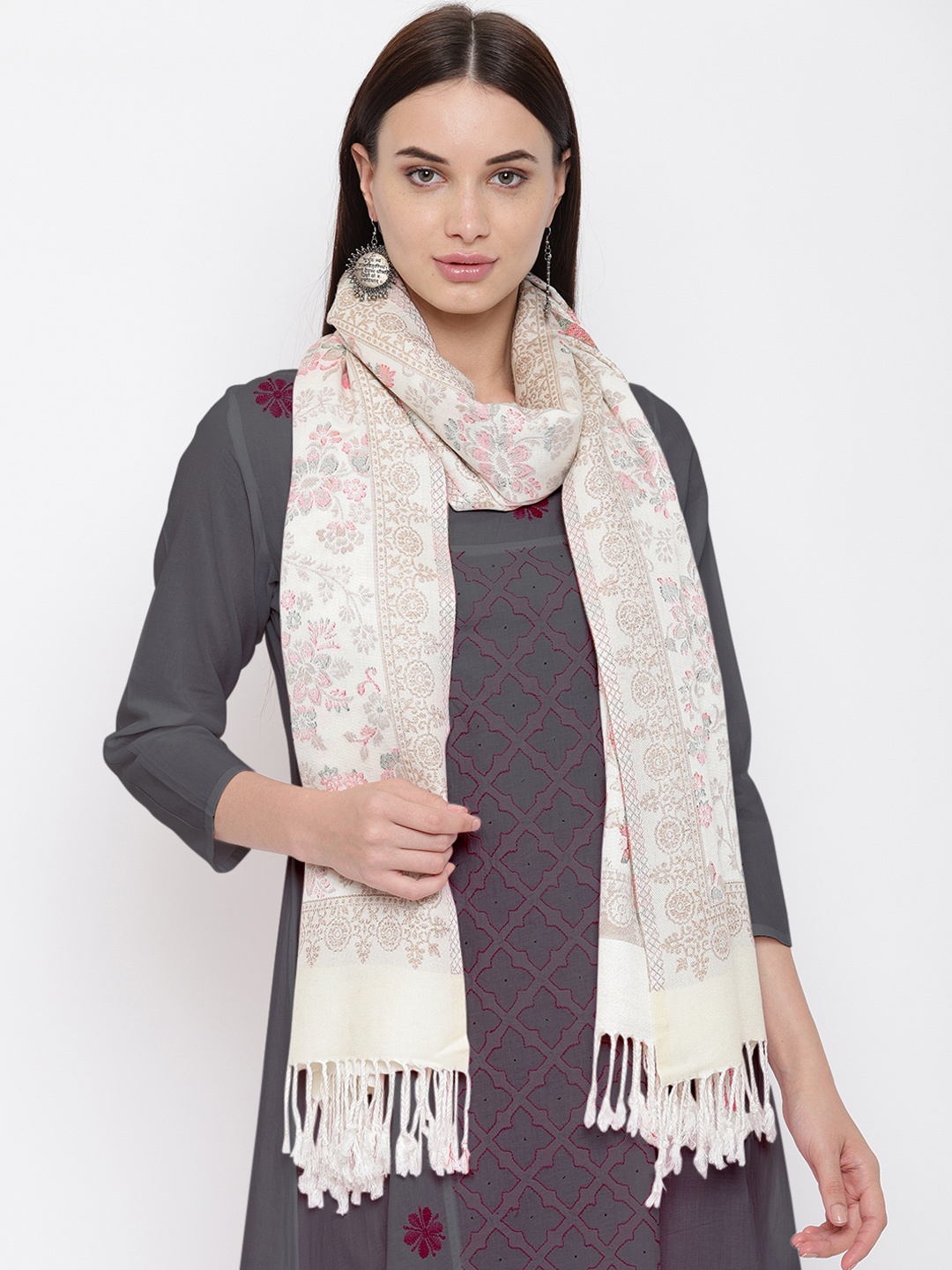 

HK colours of fashion Women Off-White Woven Design Stole