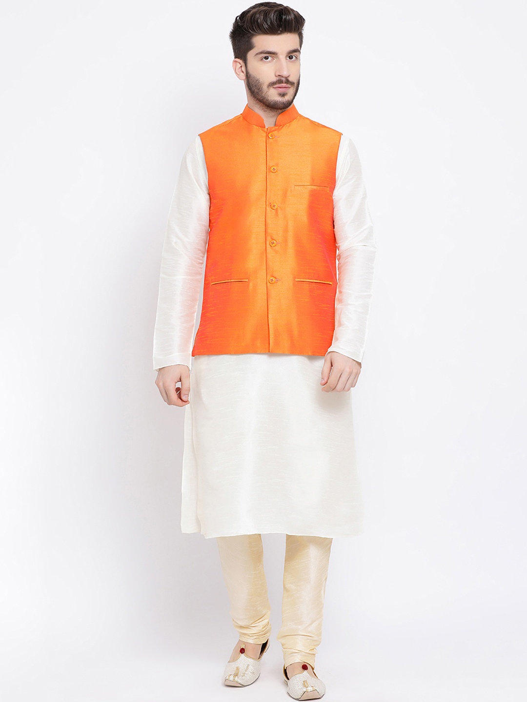 NAMASKAR Men Orange & White Solid Kurta with Churidar