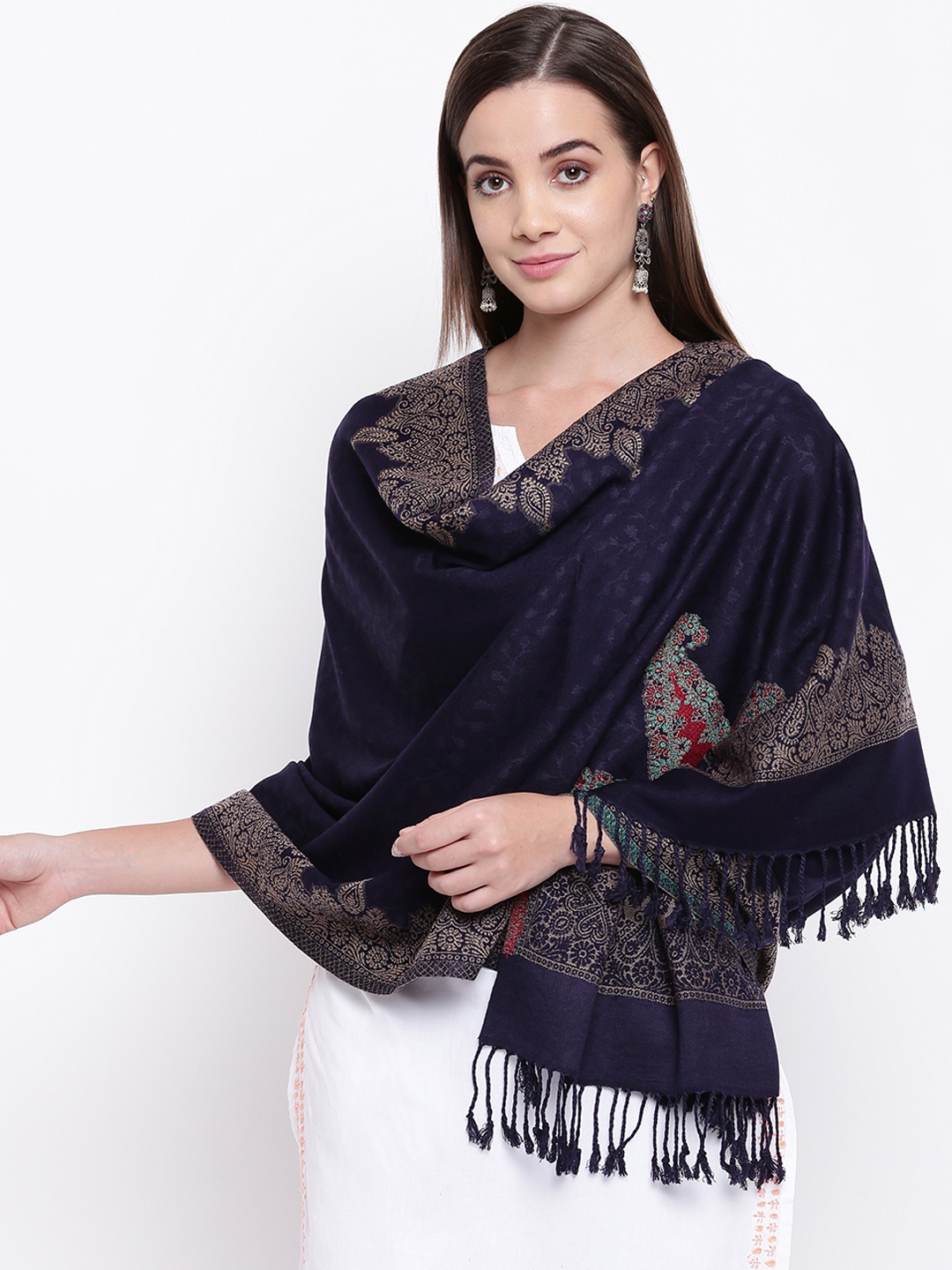 

HK colours of fashion Women Navy Blue Woven Design Stole
