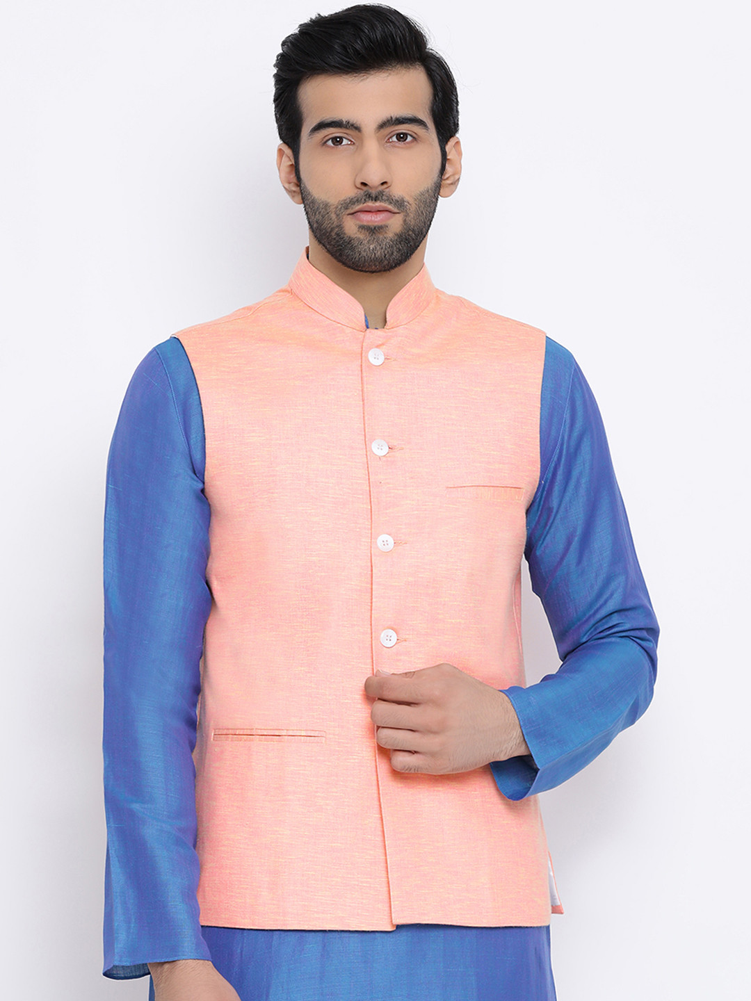 

Namaskar Men Pink Solid Woven Pure Cotton Nehru Jacket