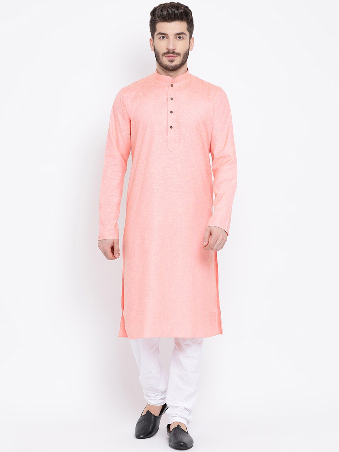 

NAMASKAR Men Pink & White Solid Kurta with Churidar