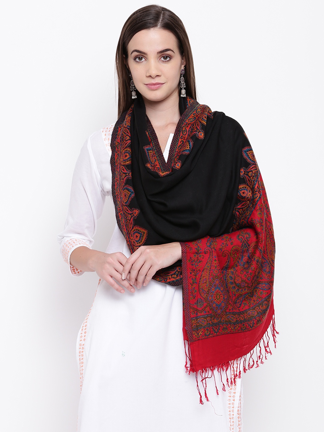 

HK colours of fashion Women Black & Red Woven Design Stole