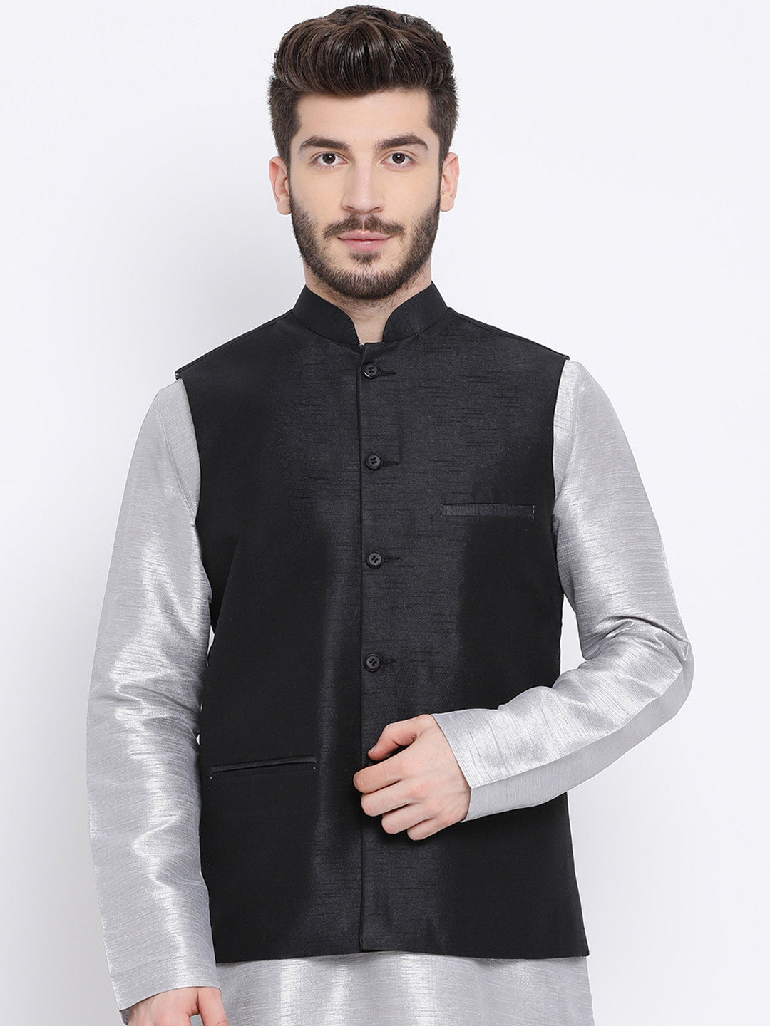 

Namaskar Men Black Solid Woven Nehru Jacket