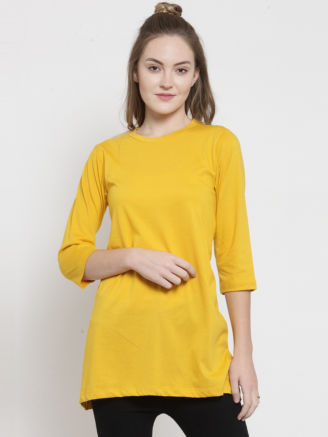 

Kalt Women Yellow Solid Longline Round Neck T-shirt