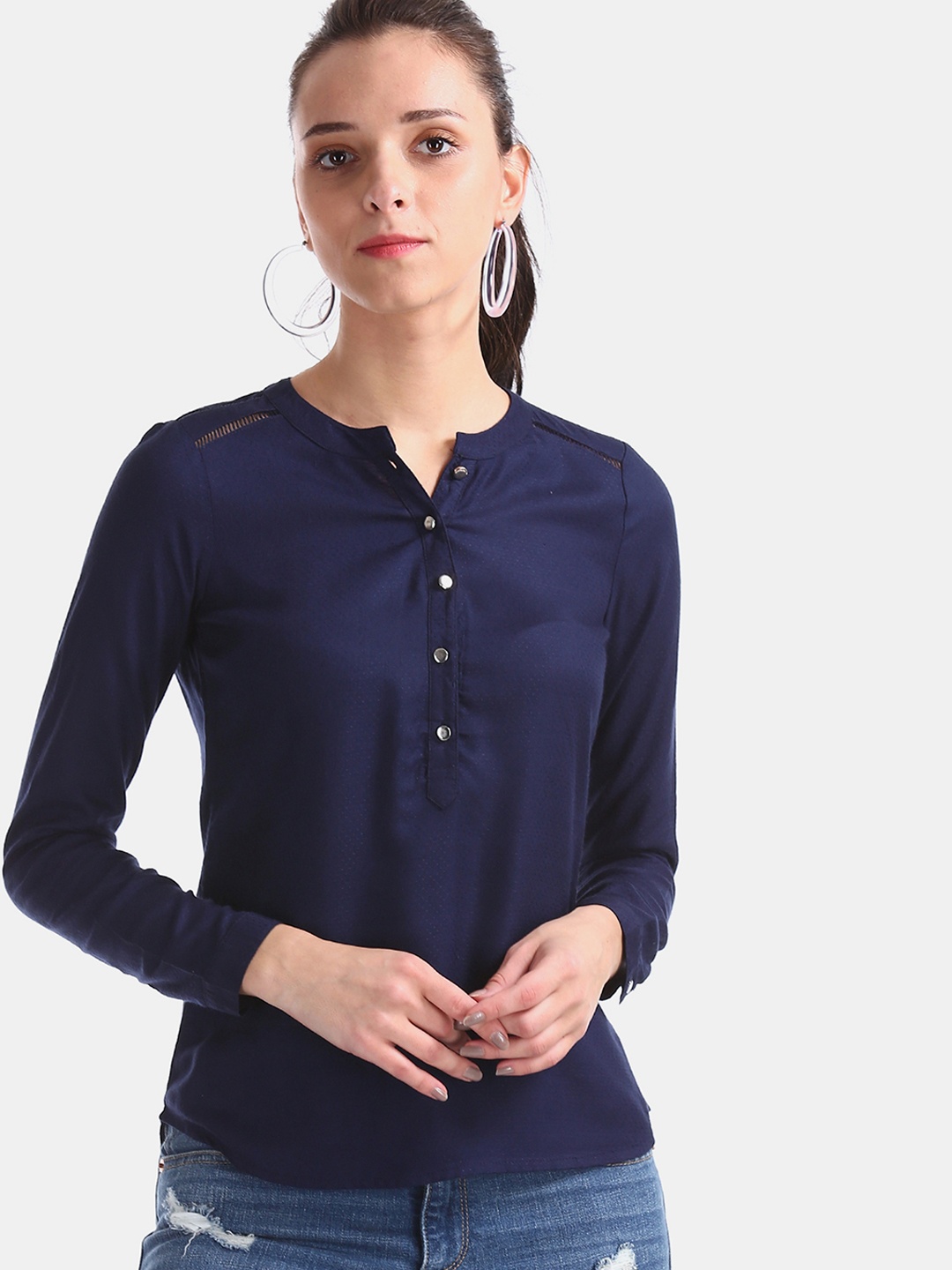 

Aeropostale Women Navy Blue Solid Shirt Style Top