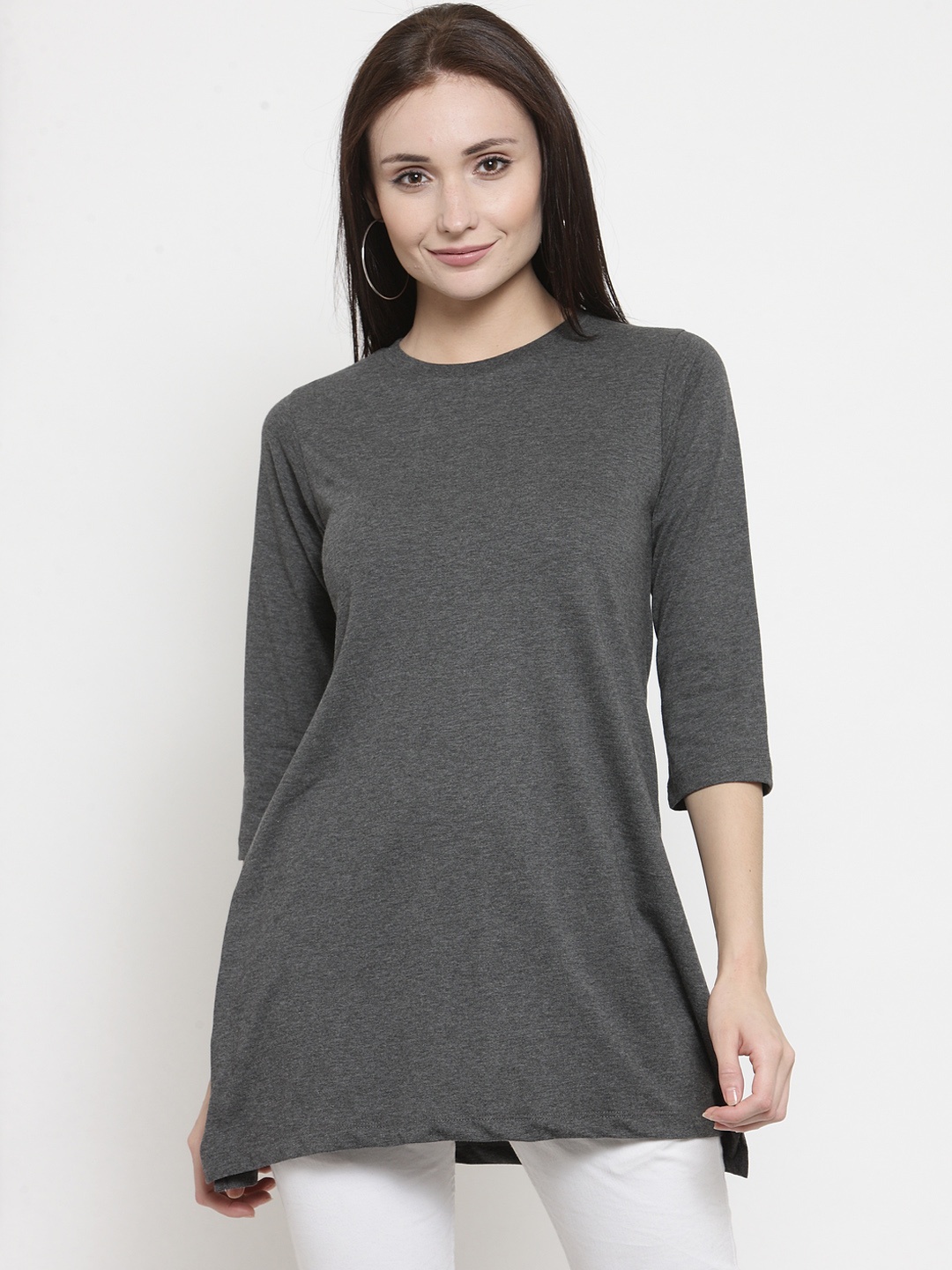 

Kalt Women Grey Melange Solid Round Neck Longline T-shirt
