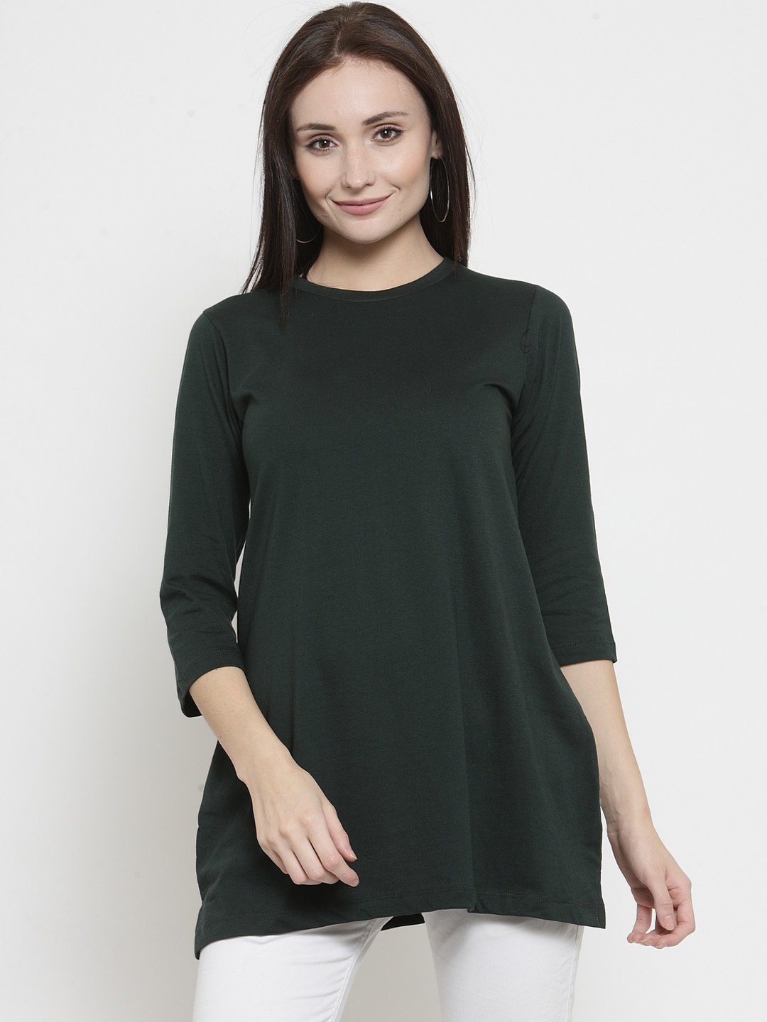 

Kalt Women Green Solid Round Neck Longline T-shirt
