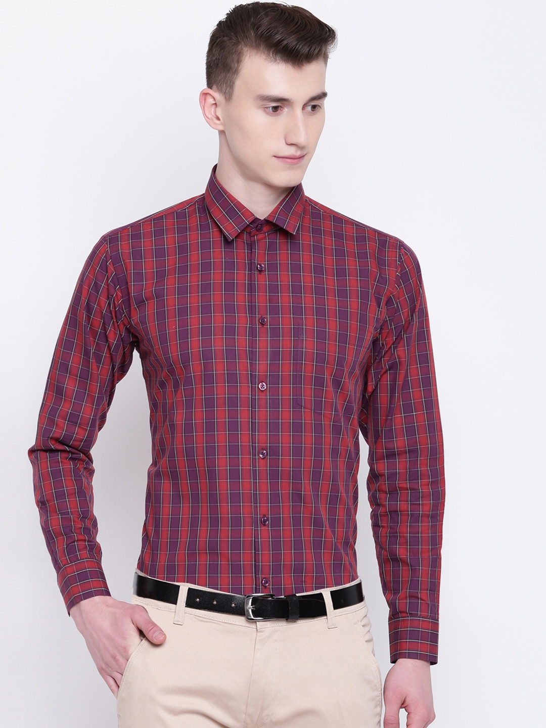 

Hancock Men Red & Purple Slim Fit Checked Formal Shirt