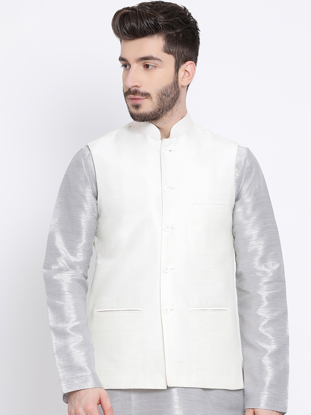 

Namaskar Men White Solid Woven Nehru Jacket