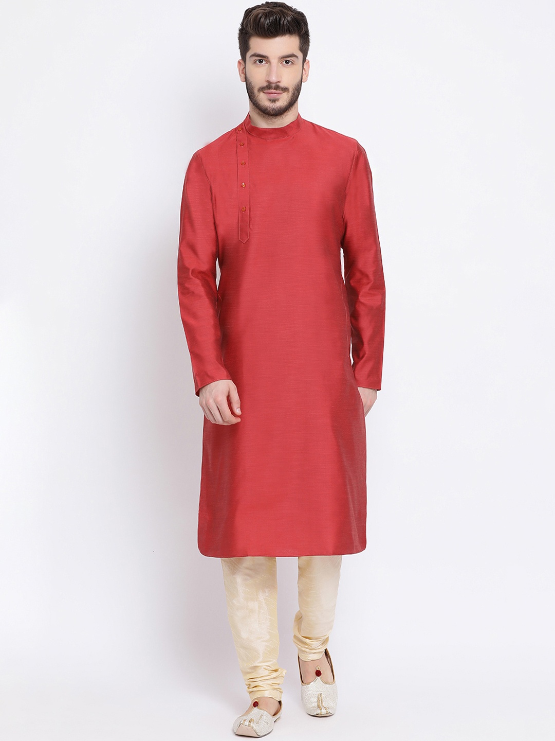 

NAMASKAR Men Maroon & Gold-Coloured Solid Silk Kurta with Churidar